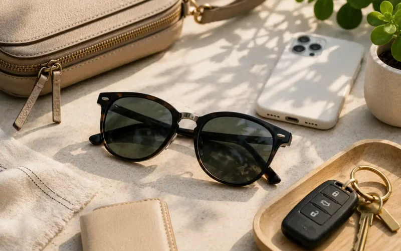 sunglasses for daily wear with everyday accessories on a neutral surface