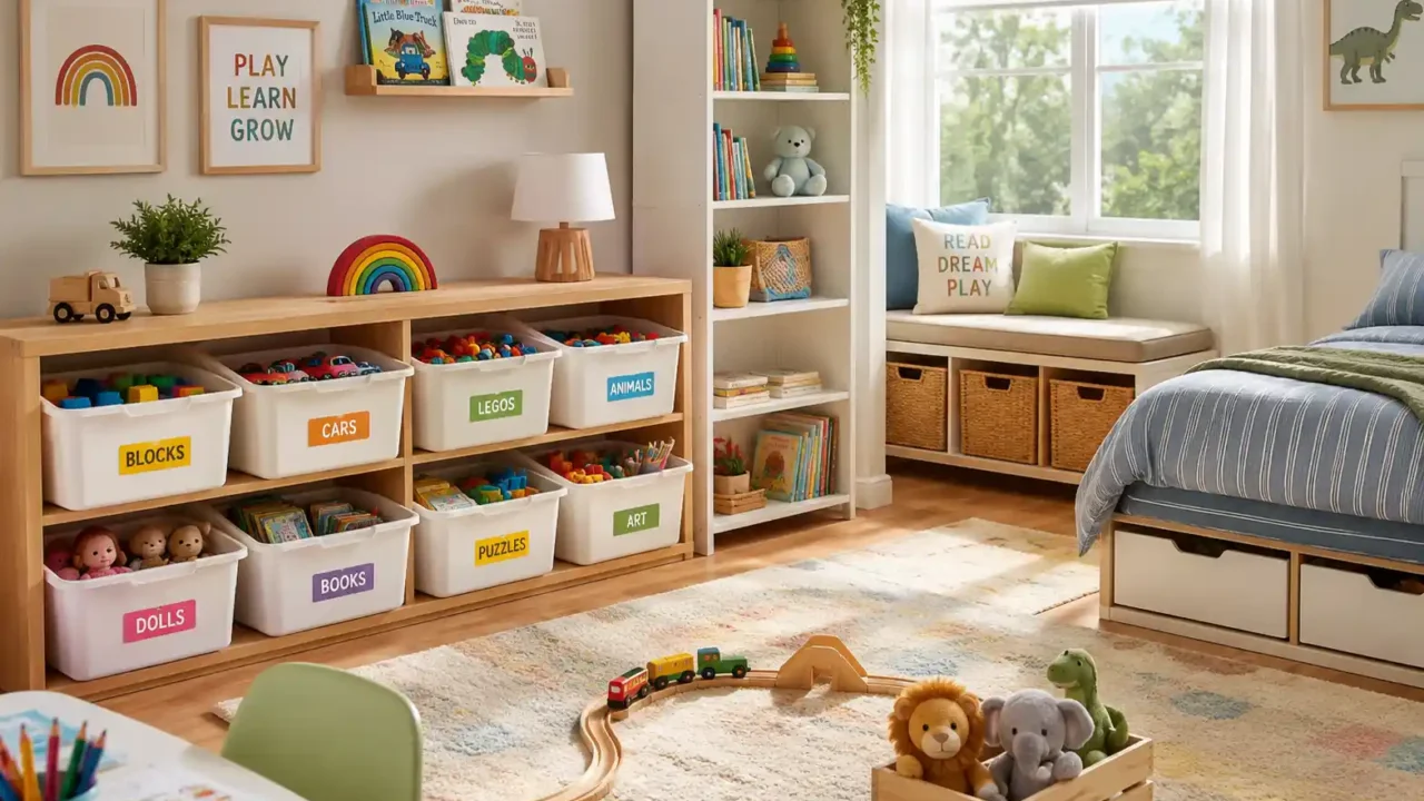 Toy storage ideas in a bright organized kids’ room with low bins, books, and labeled shelves