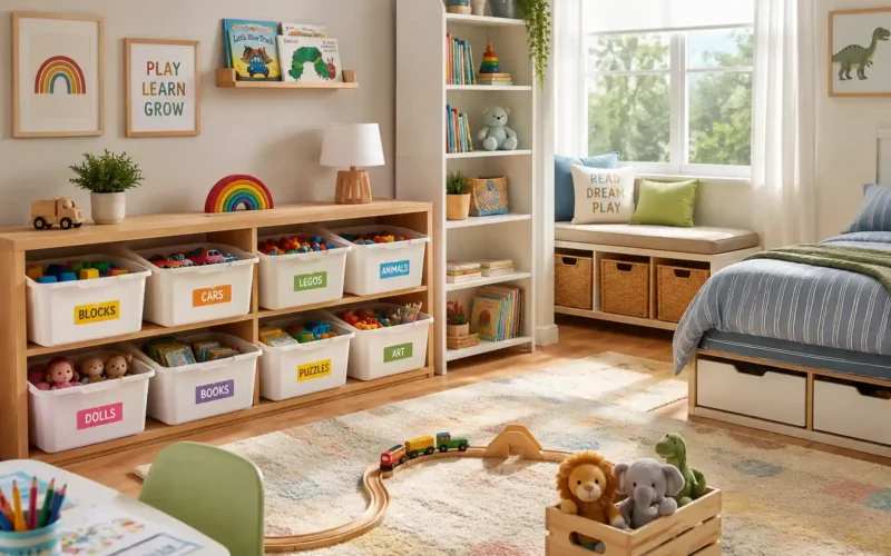 Toy storage ideas in a bright organized kids’ room with low bins, books, and labeled shelves