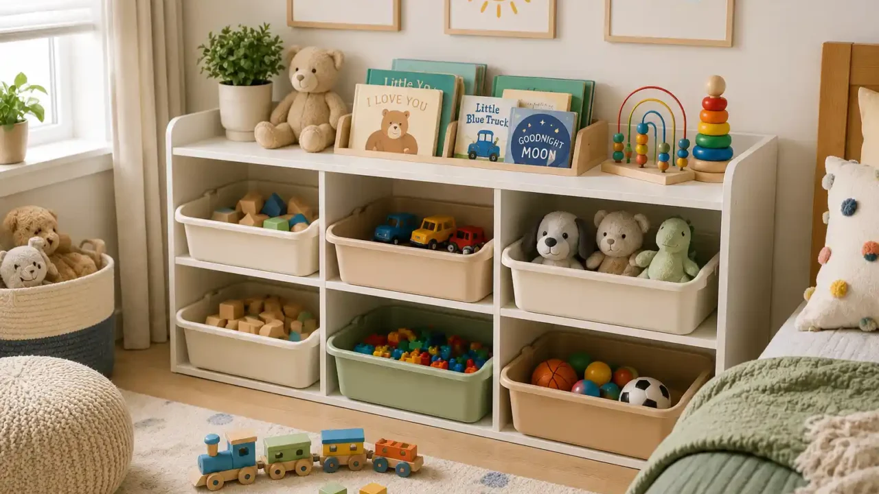 toy storage organizer for kids room with open bins books and neatly sorted toys