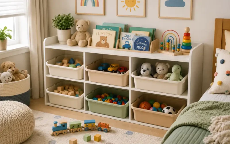 toy storage organizer for kids room with open bins books and neatly sorted toys