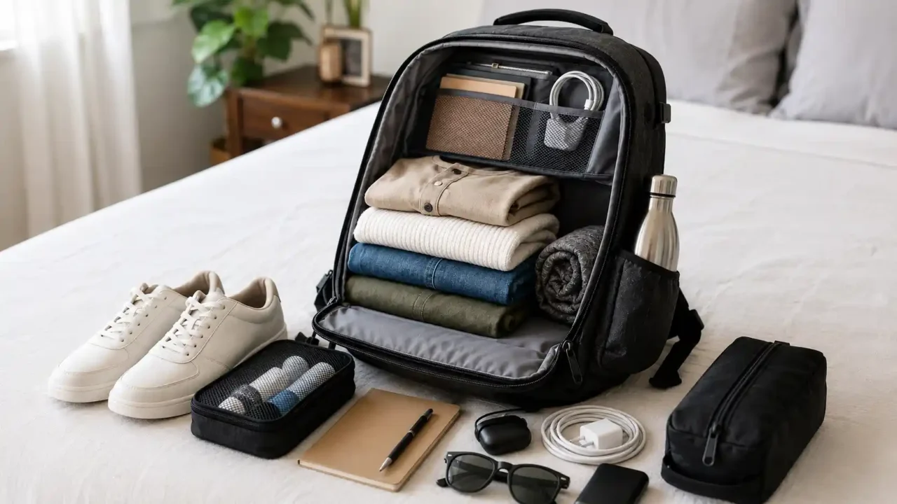 Travel backpack for weekend trips packed with folded clothes, shoes, passport, charger, sunglasses, and toiletry pouch