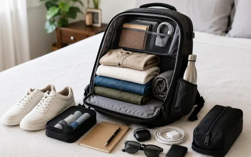Travel backpack for weekend trips packed with folded clothes, shoes, passport, charger, sunglasses, and toiletry pouch