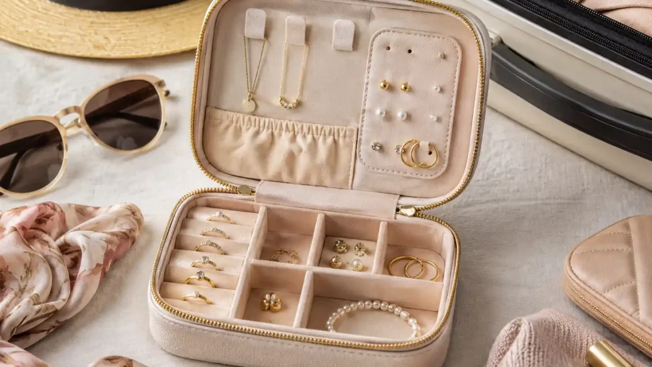 Travel jewelry organizer for women open on a clean packing surface with rings earrings necklace and travel accessories