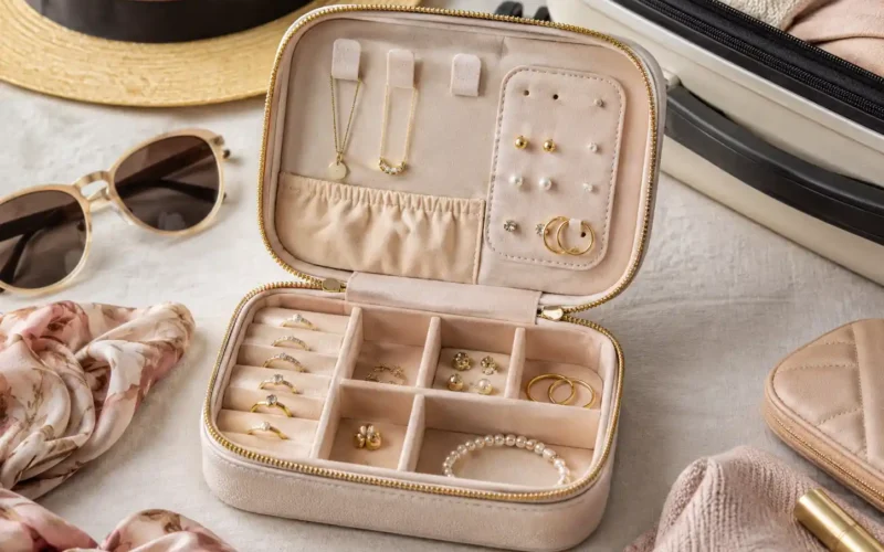 Travel jewelry organizer for women open on a clean packing surface with rings earrings necklace and travel accessories