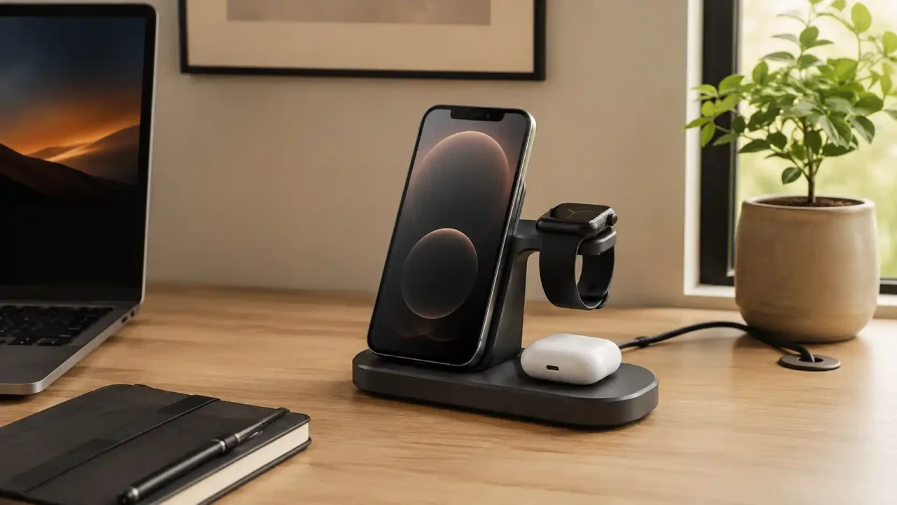 Wireless charging station for desk setup on a clean modern desk with phone and earbuds
