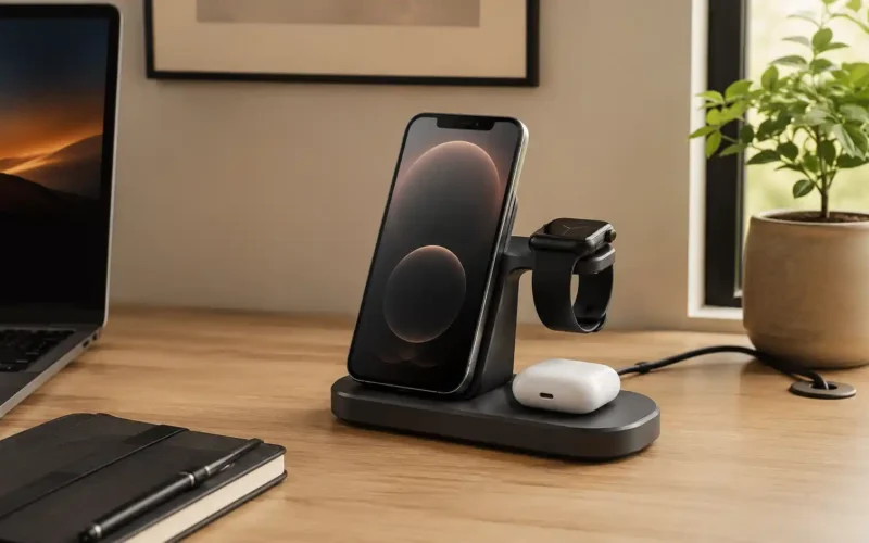 Wireless charging station for desk setup on a clean modern desk with phone and earbuds