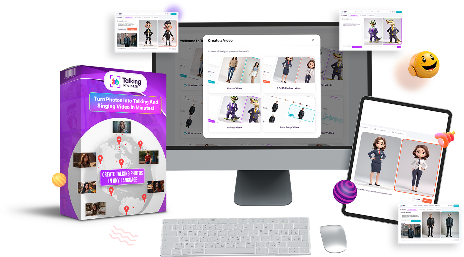 TalkingPhotos AI talking cartoon animal and human character promotional interface