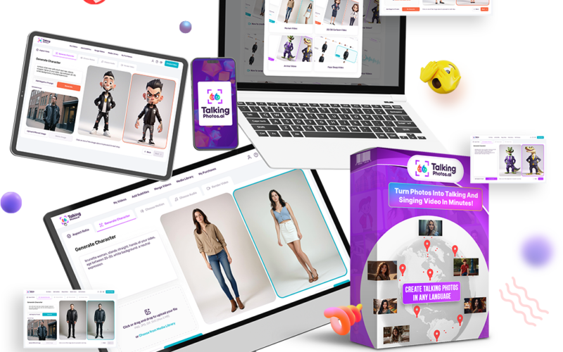 TalkingPhotos promotional product showcase with software interface and talking avatar imagery