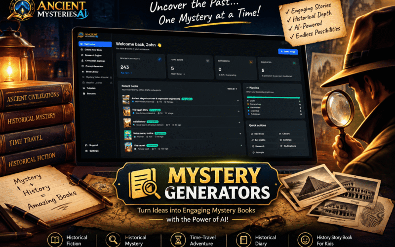 Ancient Mysteries AI official dashboard and mystery book creation interface