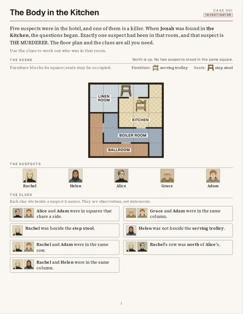 Cluevora official furnished-grid spatial detective puzzle case example