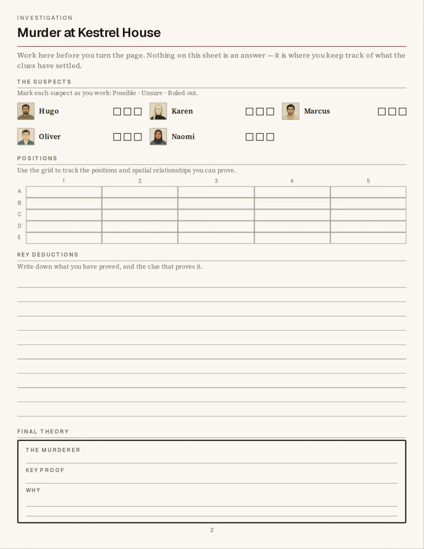 Cluevora official Investigation worksheet sample from the developer website
