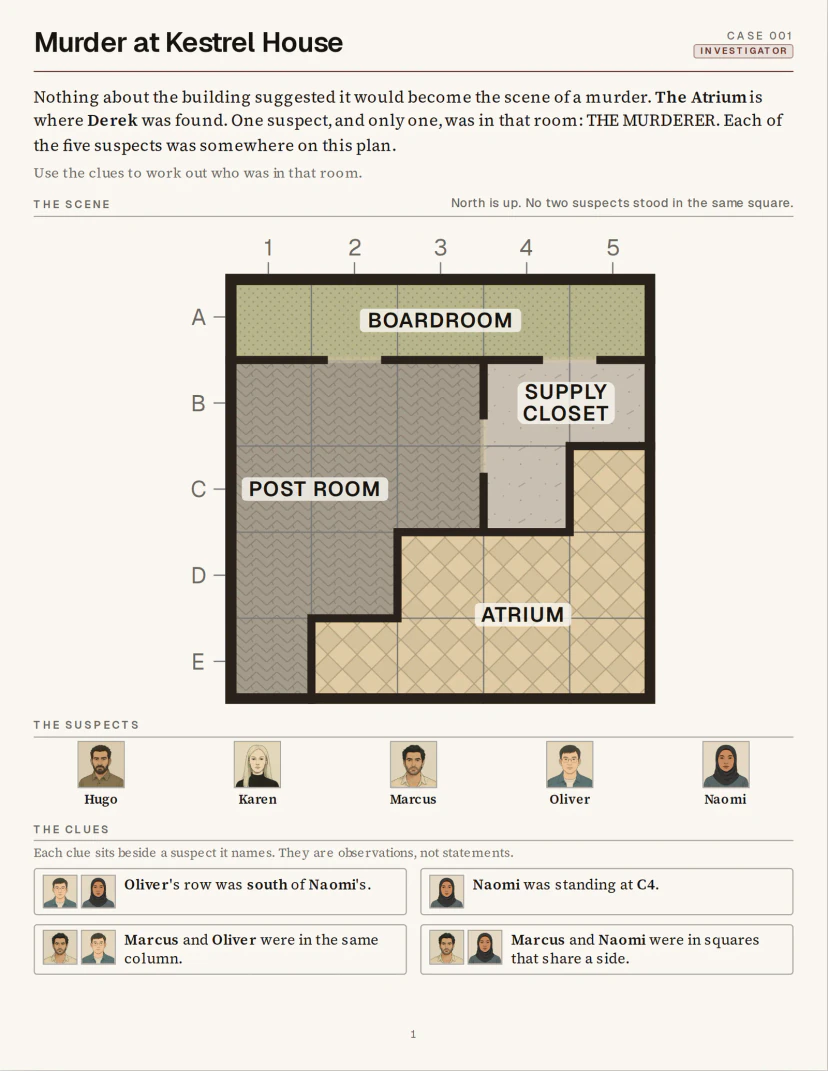 Cluevora official Puzzle page screenshot featuring detective clues and suspects