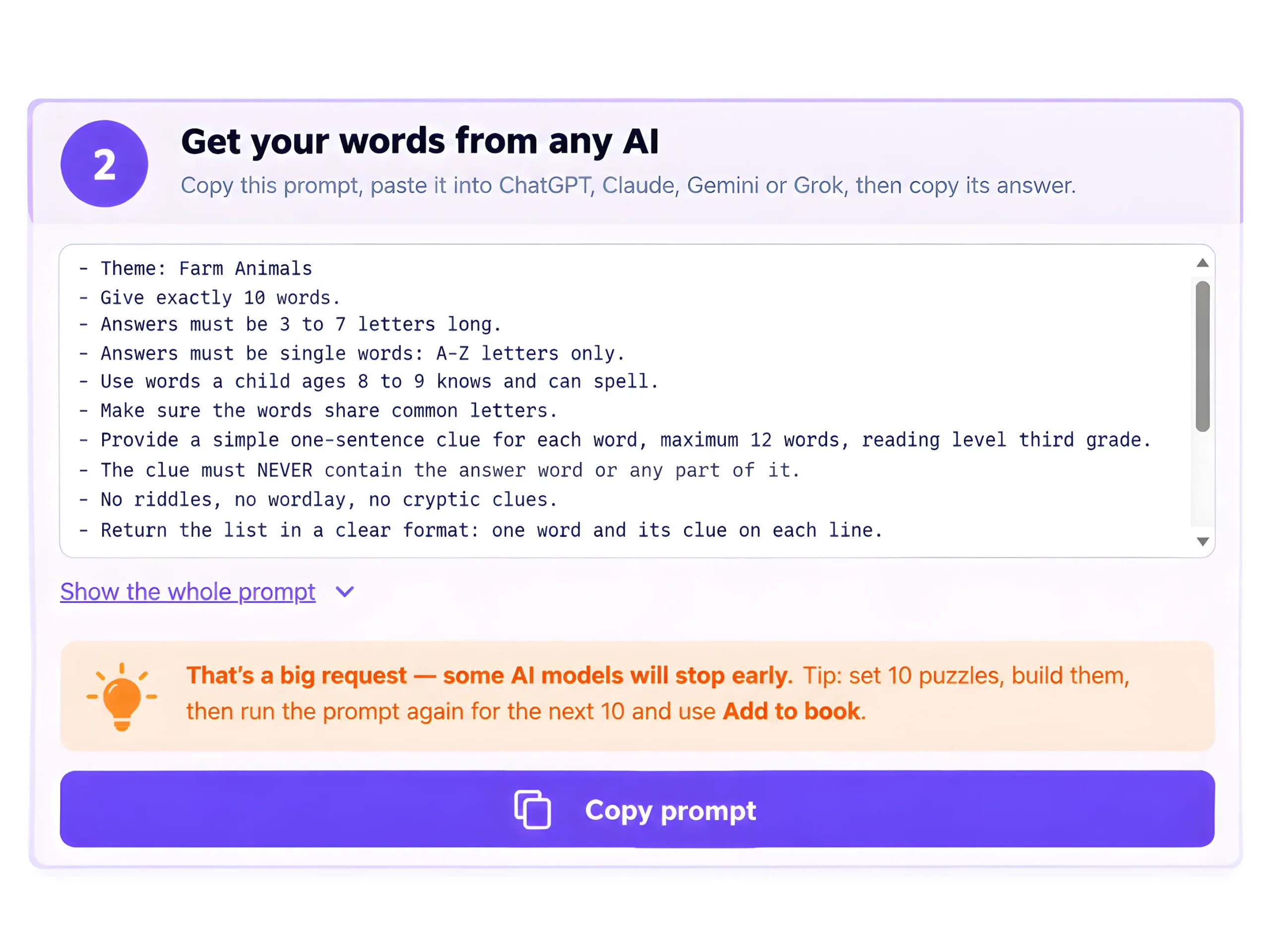 Crossword Puzzle Creator copy prompt and external AI word clue workflow