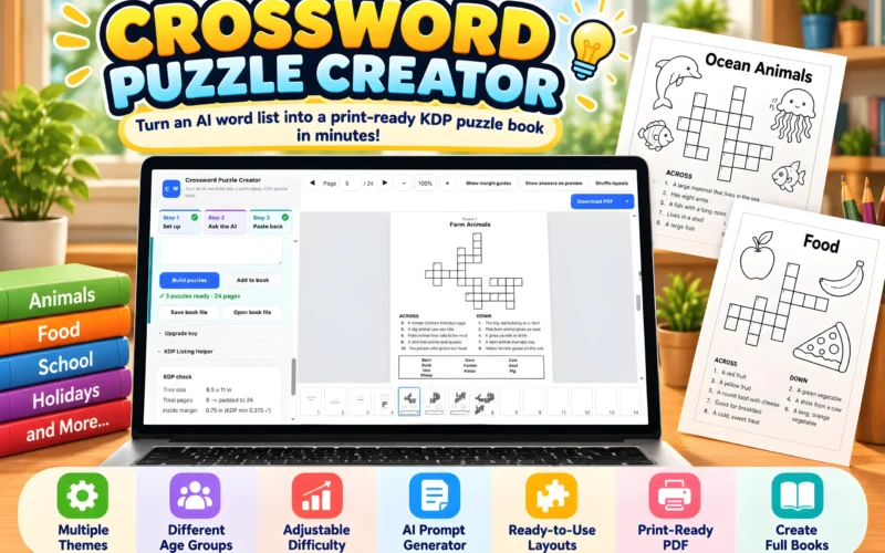 Official Crossword Puzzle Creator workspace showing the crossword book builder and sample finished pages