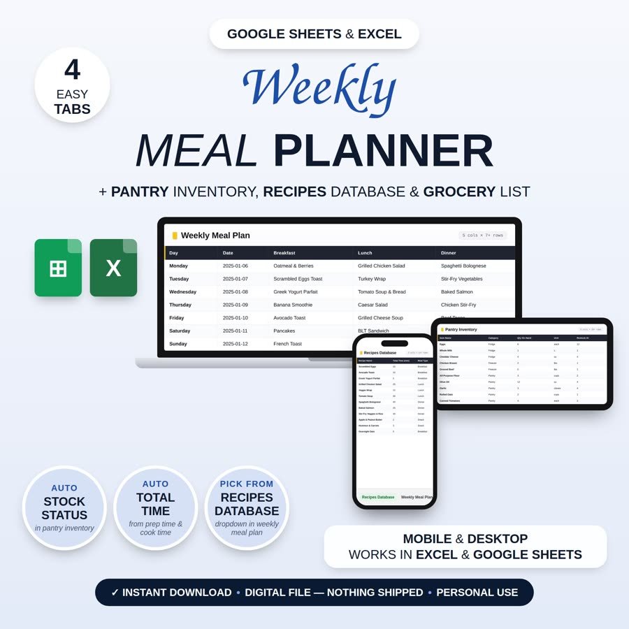 Digital Product Engine meal and grocery planner listing image from DPE seller's example