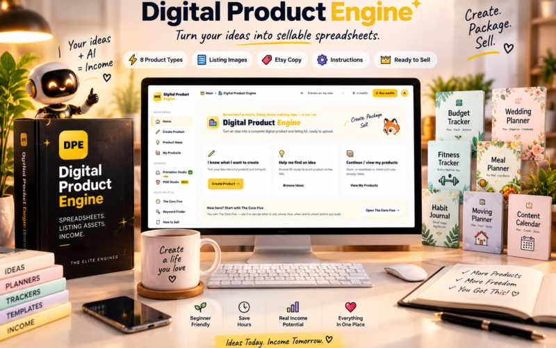 Digital Product Engine review 2026: official DPE Starter digital Etsy listing kit software product graphic