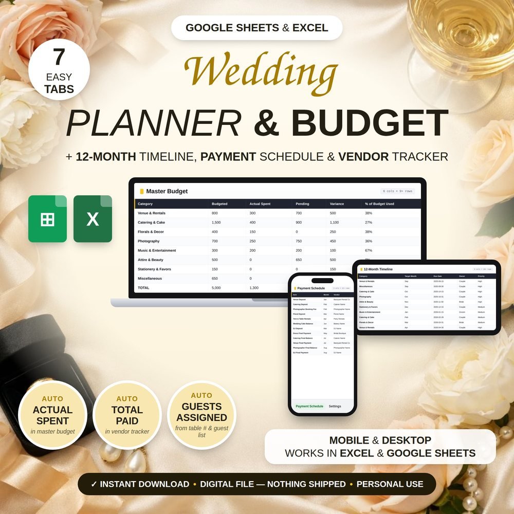 Digital Product Engine official generated wedding planner spreadsheet listing photo