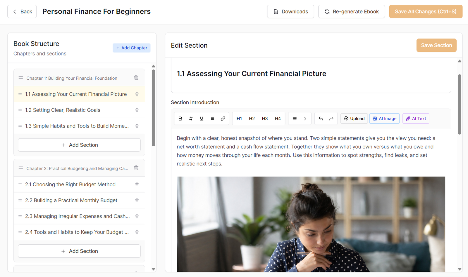 Official eBookWriter AI visual editor screenshot