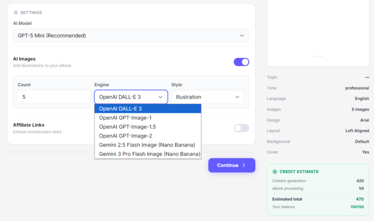 eBookWriter AI official settings screenshot with AI model, image engine and credit estimate