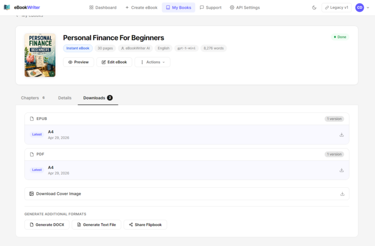 eBookWriter AI official downloads dashboard showing EPUB and PDF formats