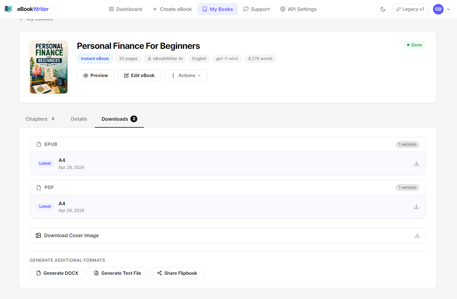 Official eBookWriter AI book downloads screenshot