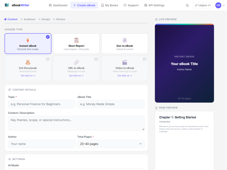 eBookWriter AI official app screenshot - Create eBook format selector and live preview
