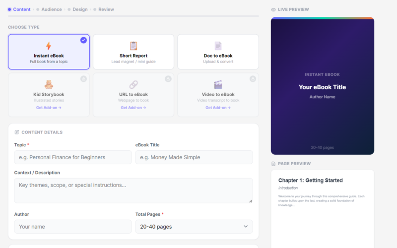 eBookWriter AI official app screenshot - Create eBook format selector and live preview