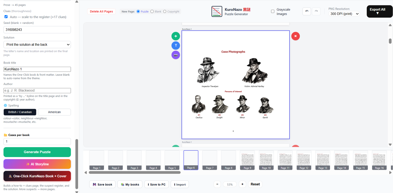 KuroNazo interface with suspects clue pages and mystery puzzle export controls