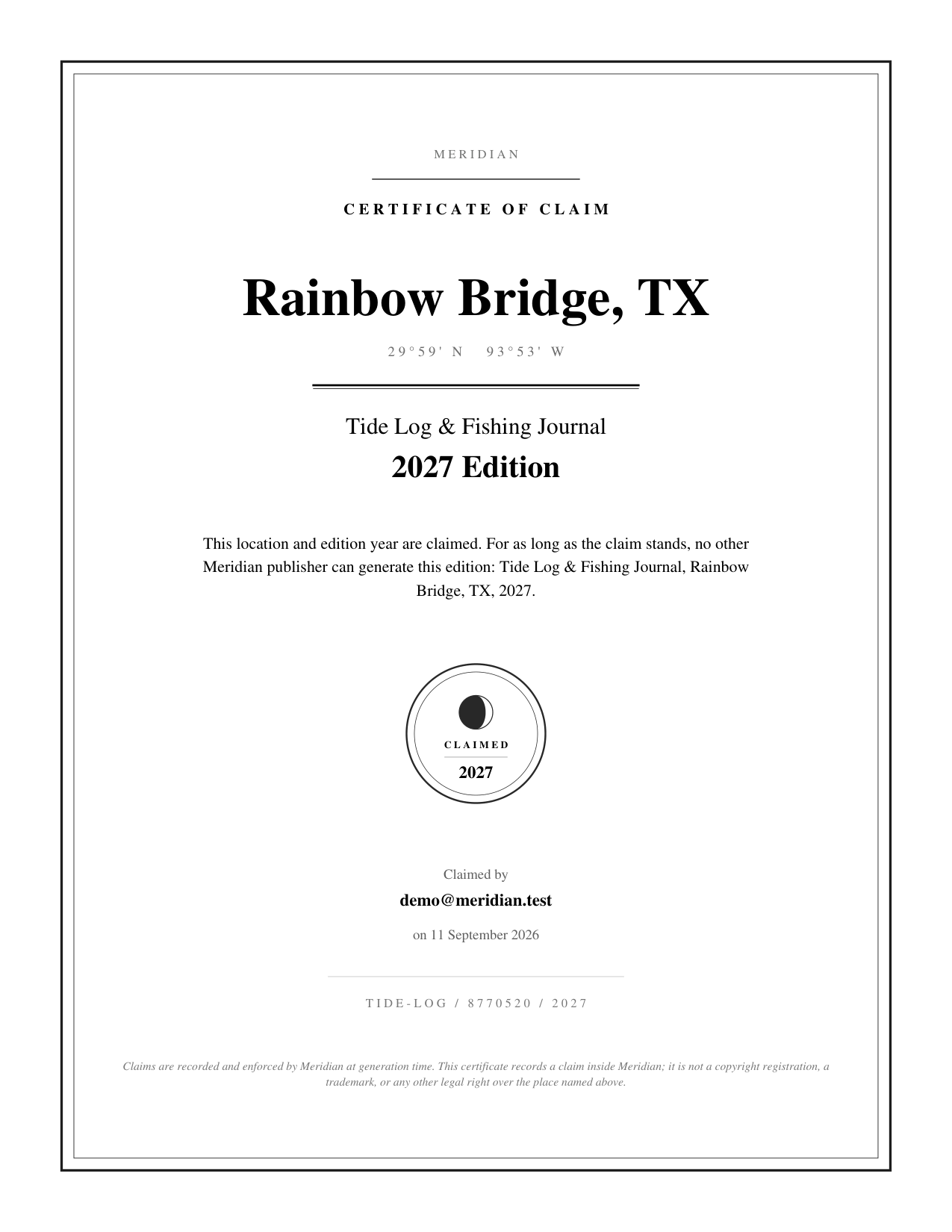 Meridian vendor account-claim certificate example