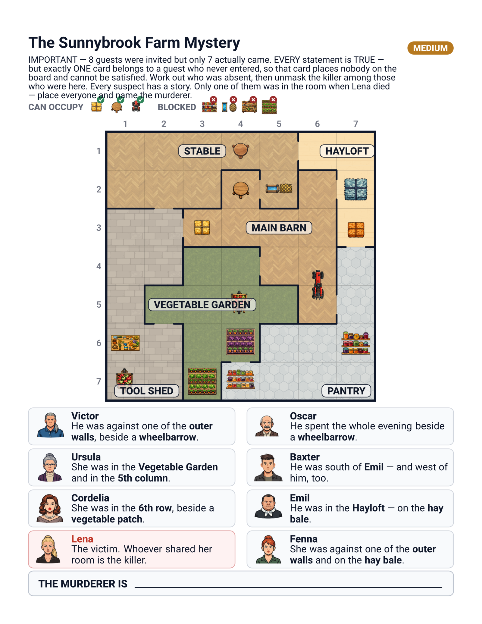 Shigai Royalty sample room grid mystery puzzle with suspects and logical clues