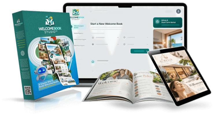 Official WelcomeBook Studio preview showing completed Welcome Book pages and design examples