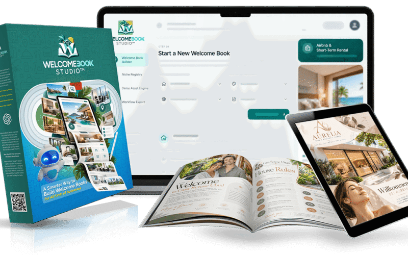 Official WelcomeBook Studio preview showing completed Welcome Book pages and design examples