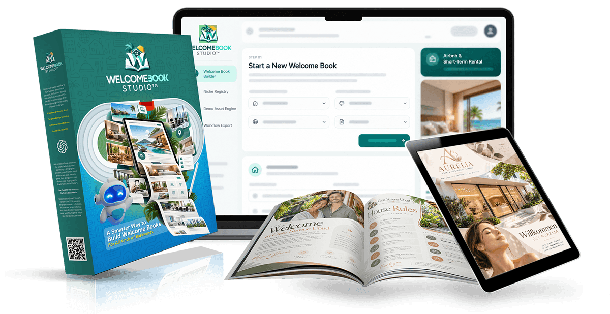 Official WelcomeBook Studio illustration displaying examples of complete Welcome Book pages